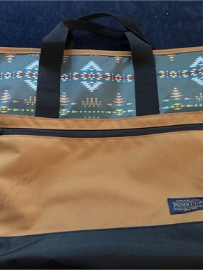 Pendleton Tan and Teal Southwestern Duffel with Black Handles